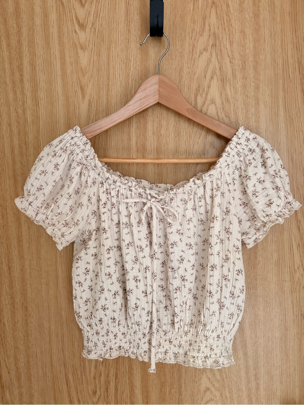 Lush Cream Floral Tie-Front Off-Shoulder Crop Top